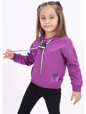 Toontoy Kız Çocuk Relax Fit Bisiklet Yaka Düşük Omuz Baskılı Sweatshirt - Bağcık Detaylı & 2 Iplik