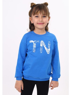 Toontoy Kız Çocuk Relax Fit Bisiklet Yaka Hafif Düşük Omuz Baskılı Sweatshirt - 2 Iplik