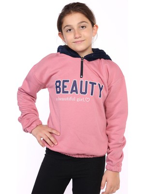Toontoy Kız Çocuk Oversize Kapüşonlu Fermuarlı Düşük Omuz Baskılı Lastikli Sweatshirt - 3 Iplik Şardonlu