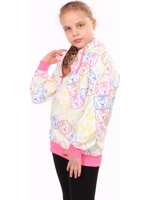 Toontoy Kız Çocuk Oversize Kapüşonlu Düşük Omuz Baskılı Sweatshirt - 2 Iplik