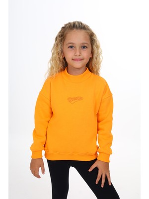 Toontoy Kız Çocuk Relax Fit Dik Yaka Düşük Omuz Nakış Baskılı Sweatshirt - 3 Iplik Şardonlu