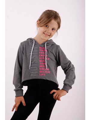 Toontoy Kız Çocuk Relax Fit Kapüşonlu Baskılı Crop Sweatshirt - 2 Iplik