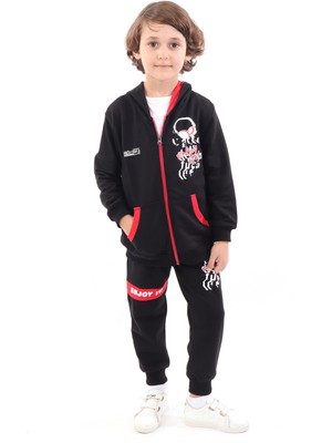 Toontoy Erkek Çocuk 2'li Takım Baskılı Kapüşonlu Fermuarlı Cepli Sweatshirt & Beli Paçası Lastikli Cepli Jogger Eşofman Altı - 2 Iplik
