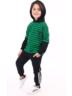 Toontoy Erkek Çocuk Çizgili 2'li Takım Baskılı Kapüşonlu Sweatshirt & Beli Paçası Lastikli Cepli Jogger Eşofman Altı - Renk Bloklu & 2 Iplik