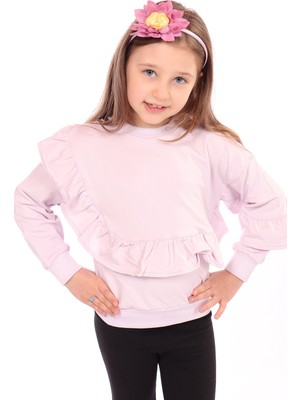 Toontoy Kız Çocuk Oversize Bisiklet Yaka Düşük Omuz Asimetrik Sweatshirt - Fırfır Detaylı & 2 Iplik