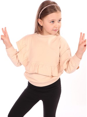 Toontoy Kız Çocuk Oversize Bisiklet Yaka Düşük Omuz Asimetrik Sweatshirt - Fırfır Detaylı & 2 Iplik
