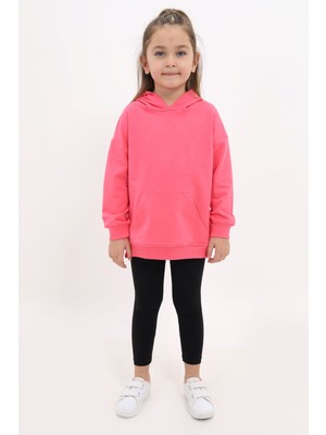 Toontoy Kız Çocuk 2'li Takım Baskılı Kapüşonlu Düşük Omuz Cepli Yırtmaçlı Sweatshirt & Basic Düz Tayt