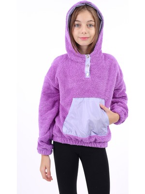 Toontoy Kız Çocuk Oversize Kapüşonlu Çıtçıtlı Cepli Düşük Omuz Peluş Sweatshirt - Garnili