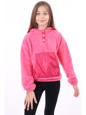 Toontoy Kız Çocuk Oversize Kapüşonlu Çıtçıtlı Cepli Düşük Omuz Peluş Sweatshirt - Garnili