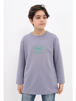 Toontoy Erkek Çocuk Oversize Bisiklet Yaka Hafif Düşük Omuz Baskılı Uzun Sweatshirt - 2 Iplik