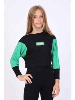 Toontoy Kız Çocuk Relax Fit Bisiklet Yaka Düşük Omuz Baskılı Crop Sweatshirt - Renk Bloklu & 2 Iplik