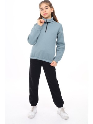 Toontoy Kız Çocuk 2'li Takım Baskılı Balıkçı Yaka Fermuarlı Sweatshirt & Beli Paçası Lastikli Cepli Jogger Eşofman Altı - Renk Bloklu 3 Iplik Şardonlu