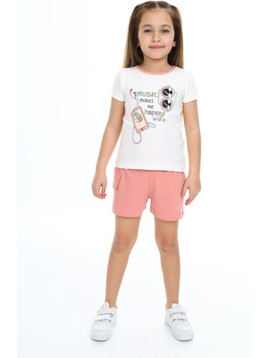 Toontoy Kız Çocuk 2'li Takım Baskılı Bisiklet Yaka T-Shirt & Beli Lastikli Tek Cepli Şort