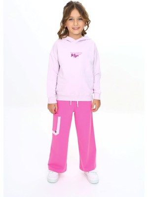 Toontoy Kız Çocuk 2'li Takım Baskılı Kapüşonlu Sweatshirt & Beli Lastikli Bol Paça Cepli Eşofman Altı - Renk Bloklu & 2 Iplik