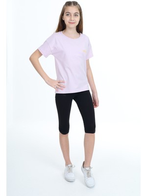 Toontoy Kız Çocuk 2'li Takım Baskılı Bisiklet Yaka T-Shirt & Basic Düz Crop Tayt