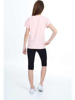 Toontoy Kız Çocuk 2'li Takım Baskılı Bisiklet Yaka T-Shirt & Beli Lastikli Crop Tayt