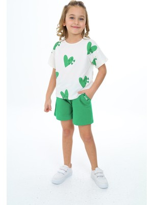 Toontoy Kız Çocuk 2'li Takım Baskılı Bisiklet Yaka T-Shirt & Beli Lastikli Cepli Şort