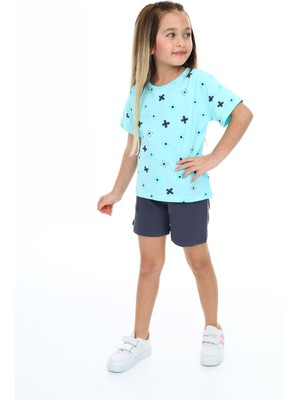 Toontoy Kız Çocuk 2'li Takım Baskılı Bisiklet Yaka T-Shirt & Beli Lastikli Cepli Şort