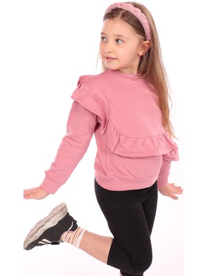 Toontoy Kız Çocuk Oversize Bisiklet Yaka Düşük Omuz Asimetrik Sweatshirt - Fırfır Detaylı & 2 Iplik