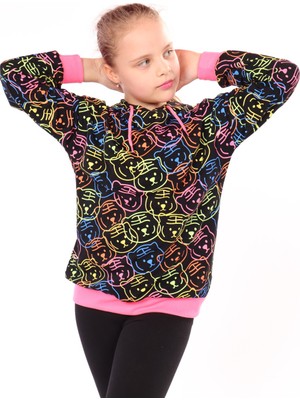 Toontoy Kız Çocuk Oversize Kapüşonlu Düşük Omuz Baskılı Sweatshirt - 2 Iplik