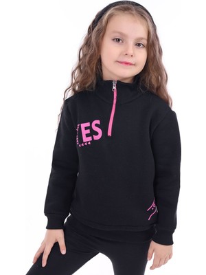 Toontoy Kız Çocuk Relax Fit Dik Yaka Fermuarlı Baskılı Sweatshirt - 3 Iplik Şardonlu