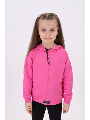 Toontoy Kız Çocuk Oversize Kapüşonlu Düşük Omuz Baskılı Nervürlü Sweatshirt - 2 Iplik