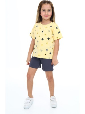 Toontoy Kız Çocuk 2'li Takım Baskılı Bisiklet Yaka T-Shirt & Beli Lastikli Cepli Şort