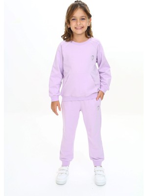 Toontoy Kız Çocuk 2'li Takım Nakış Baskılı Bisiklet Yaka Cepli Sweatshirt & Beli Paçası Lastikli Cepli Jogger Eşofman Altı - 2 Iplik