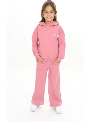 Toontoy Kız Çocuk 2'li Takım Baskılı Kapüşonlu Sweatshirt & Beli Lastikli Cepli Bol Paça Eşofman Altı 2 Iplik