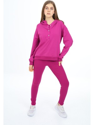 Toontoy Kız Çocuk 2'li Takım Baskılı Kapüşonlu Düşük Omuz Çıtçıtlı Sweatshirt & Basic Düz Tayt
