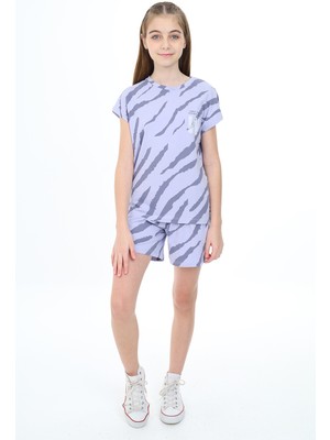Toontoy Kız Çocuk 2'li Takım Baskılı Bisiklet Yaka T-Shirt & Beli Lastikli Şort