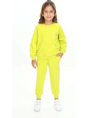 Toontoy Kız Çocuk 2'li Takım Nakış Baskılı Bisiklet Yaka Cepli Sweatshirt & Beli Paçası Lastikli Cepli Jogger Eşofman Altı - 2 Iplik