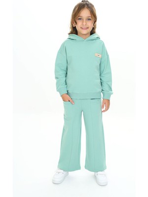 Toontoy Kız Çocuk 2'li Takım Baskılı Kapüşonlu Sweatshirt & Beli Lastikli Cepli Bol Paça Eşofman Altı 2 Iplik