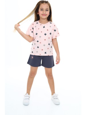 Toontoy Kız Çocuk 2'li Takım Baskılı Bisiklet Yaka T-Shirt & Beli Lastikli Cepli Şort