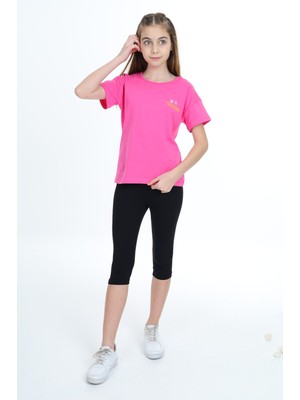 Toontoy Kız Çocuk 2'li Takım Baskılı Bisiklet Yaka T-Shirt & Basic Düz Crop Tayt