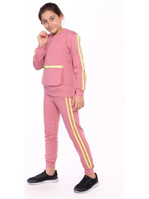 Toontoy Kız Çocuk 2'li Takım Bisiklet Yaka Torba Cepli Sweatshirt & Beli Paçası Lastikli Jogger Eşofman Altı - Bant Detaylı & 2 Iplik