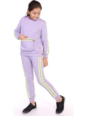 Toontoy Kız Çocuk 2'li Takım Bisiklet Yaka Torba Cepli Sweatshirt & Beli Paçası Lastikli Jogger Eşofman Altı - Bant Detaylı & 2 Iplik