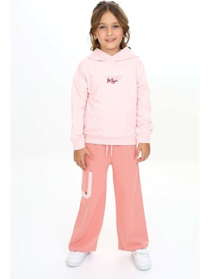 Toontoy Kız Çocuk 2'li Takım Baskılı Kapüşonlu Sweatshirt & Beli Lastikli Bol Paça Cepli Eşofman Altı - Renk Bloklu & 2 Iplik