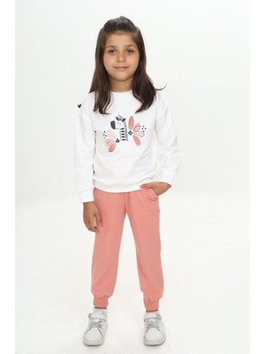 Toontoy Kız Çocuk 2'li Takım Baskılı Bisiklet Yaka Sweatshirt & Beli Paçası Lastikli Jogger Eşofman Altı - Renk Bloklu & 2 Iplik