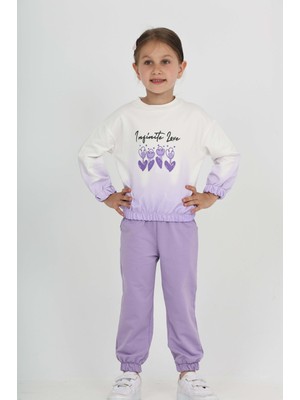 Toontoy Kız Çocuk 2'li Takım Baskılı Bisiklet Yaka Sweatshirt & Beli Paçası Lastikli Cepli Jogger Eşofman Altı - Renk Bloklu & 2 Iplik