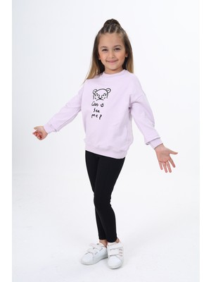 Toontoy Kız Çocuk 2'li Takım Baskılı Bisiklet Yaka Düşük Omuz Sweatshirt & Basic Düz Tayt