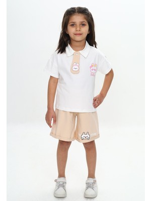 Toontoy Kız Çocuk 2'li Takım Baskılı Polo Yaka T-Shirt & Beli Lastikli Şort