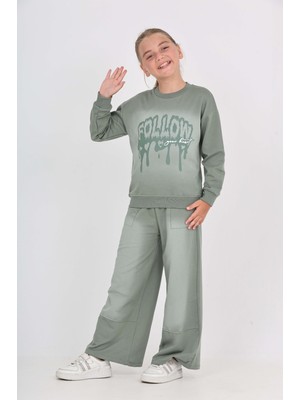 Toontoy Kız Çocuk 2'li Takım Eskitme Baskılı Bisiklet Yaka Sweatshirt & Beli Lastikli Cepli Bol Paça Eşofman Altı - 2 Iplik