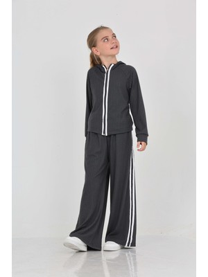 Toontoy Kız Çocuk 2'li Takım Kapüşonlu Fermuarlı Reglan Kol Sweatshirt & Beli Lastikli Bol Paça Eşofman Altı - Şerit Detaylı & Fitilli