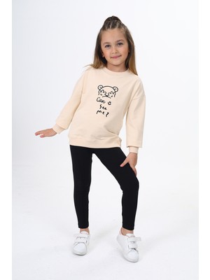 Toontoy Kız Çocuk 2'li Takım Baskılı Bisiklet Yaka Düşük Omuz Sweatshirt & Basic Düz Tayt