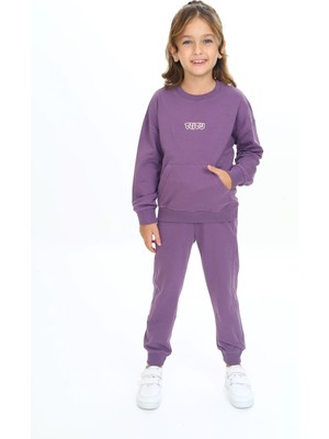 Toontoy Kız Çocuk 2'li Takım Nakış Baskılı Bisiklet Yaka Cepli Sweatshirt & Beli Paçası Ribanalı Jogger Eşofman Altı - 2 Iplik