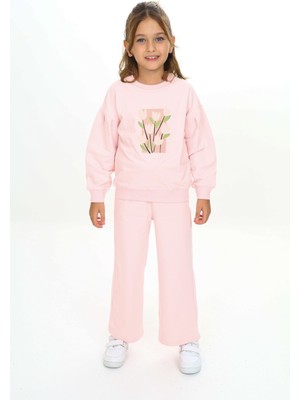 Toontoy Kız Çocuk 2'li Takım Baskılı Bisiklet Yaka Sweatshirt & Beli Lastikli Bol Paça Eşofman Altı - Garni Detaylı & 2 Iplik