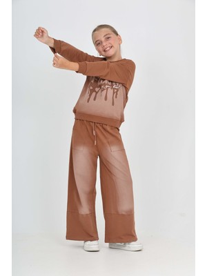 Toontoy Kız Çocuk 2'li Takım Eskitme Baskılı Bisiklet Yaka Sweatshirt & Beli Lastikli Cepli Bol Paça Eşofman Altı - 2 Iplik