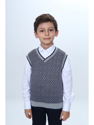 Toontoy Erkek Çocuk Regular Fit V Yaka Kare Desenli Okul Süveter - Garni & 2 Iplik