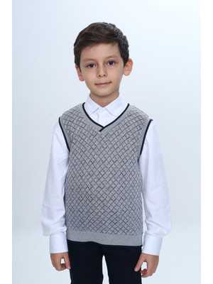 Toontoy Erkek Çocuk Regular Fit V Yaka Kare Desenli Okul Süveter - Garni & 2 Iplik